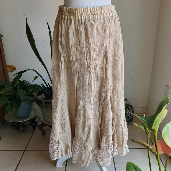 Krazy Kat Cream Tan Smocked A-line Midi Skirt - Picture 2 of 7